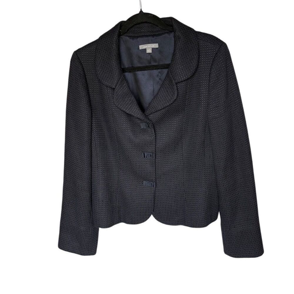 Ann Taylor Blue Tweed Blazer Jacket Size 10 Rounded Notch Collar Long Sleeve